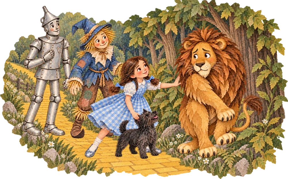 A Lion asks to join the travelers after frightening Toto