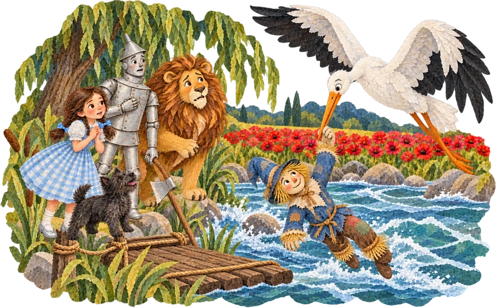 The travelers rescue the Scarecrow after crossing a river