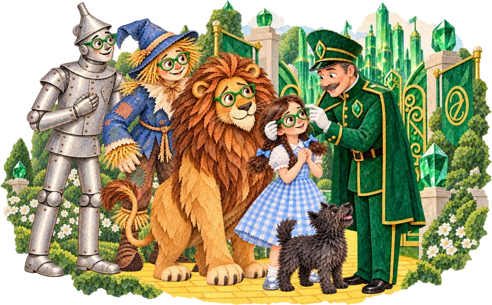 Dorothy and her friends enter Emerald City wearing green glasses