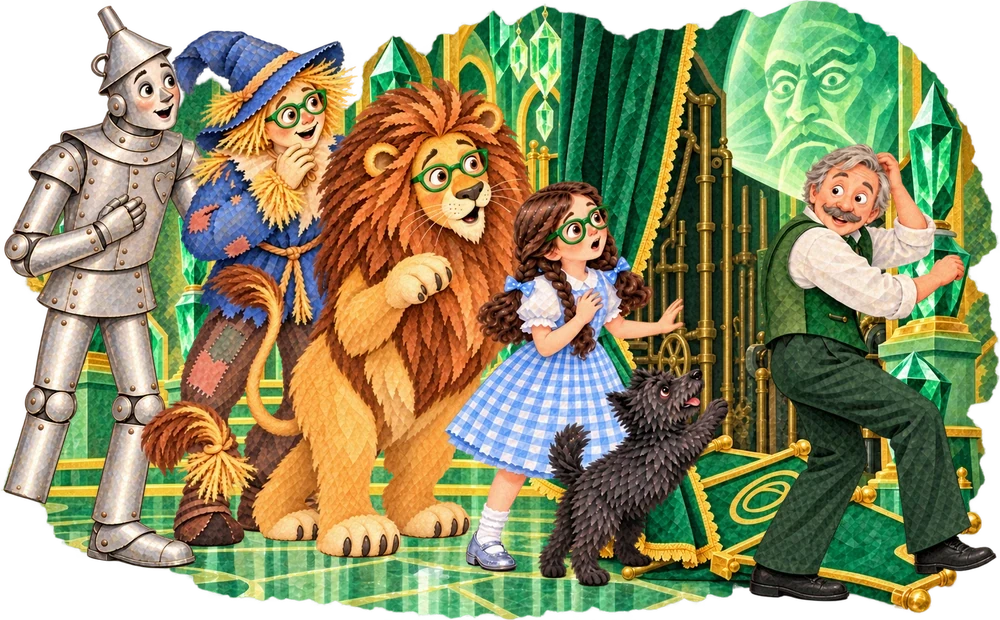 Toto pulls aside the curtain and reveals the ordinary man called Oz