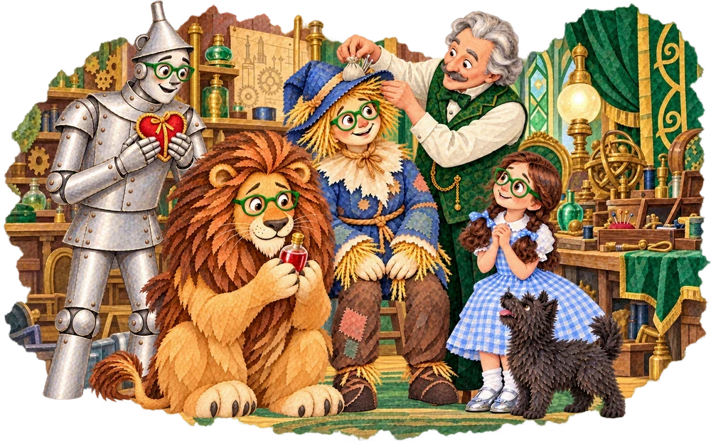 Oz gives the Scarecrow, Tin Woodman and Lion symbolic gifts