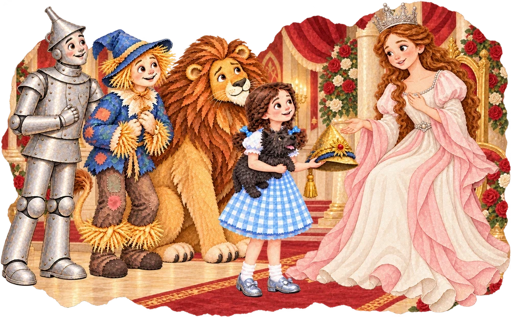 Glinda listens as Dorothy asks how to return to Kansas